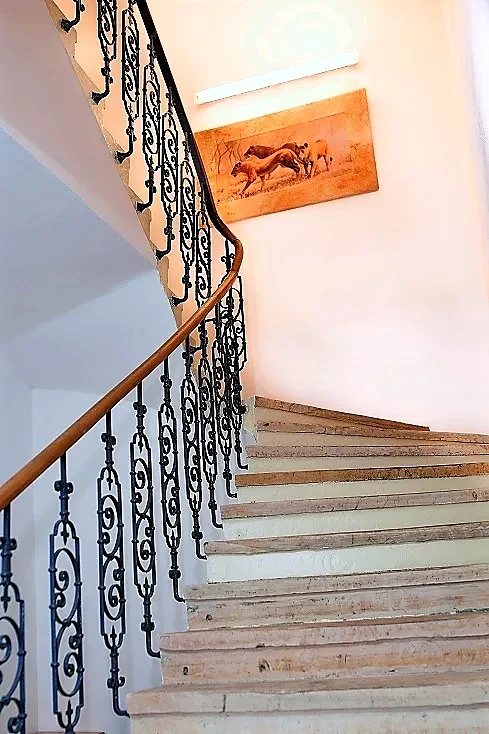 Schodiště s kovaným zábradlím a obrazem koní